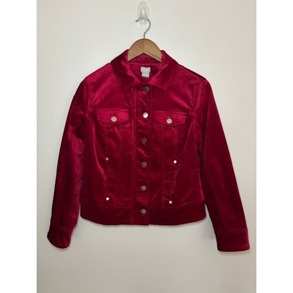 Chicos Velvet Moto Jacket Women's 0 Small Ruby Red Button Front Pocket Coat